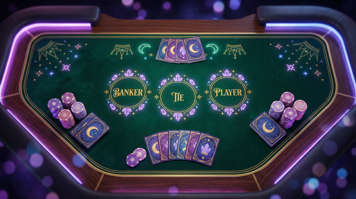 Mesa de bacará elegante com áreas de aposta Banker, Player e Tie decoradas com cristais e estrelas