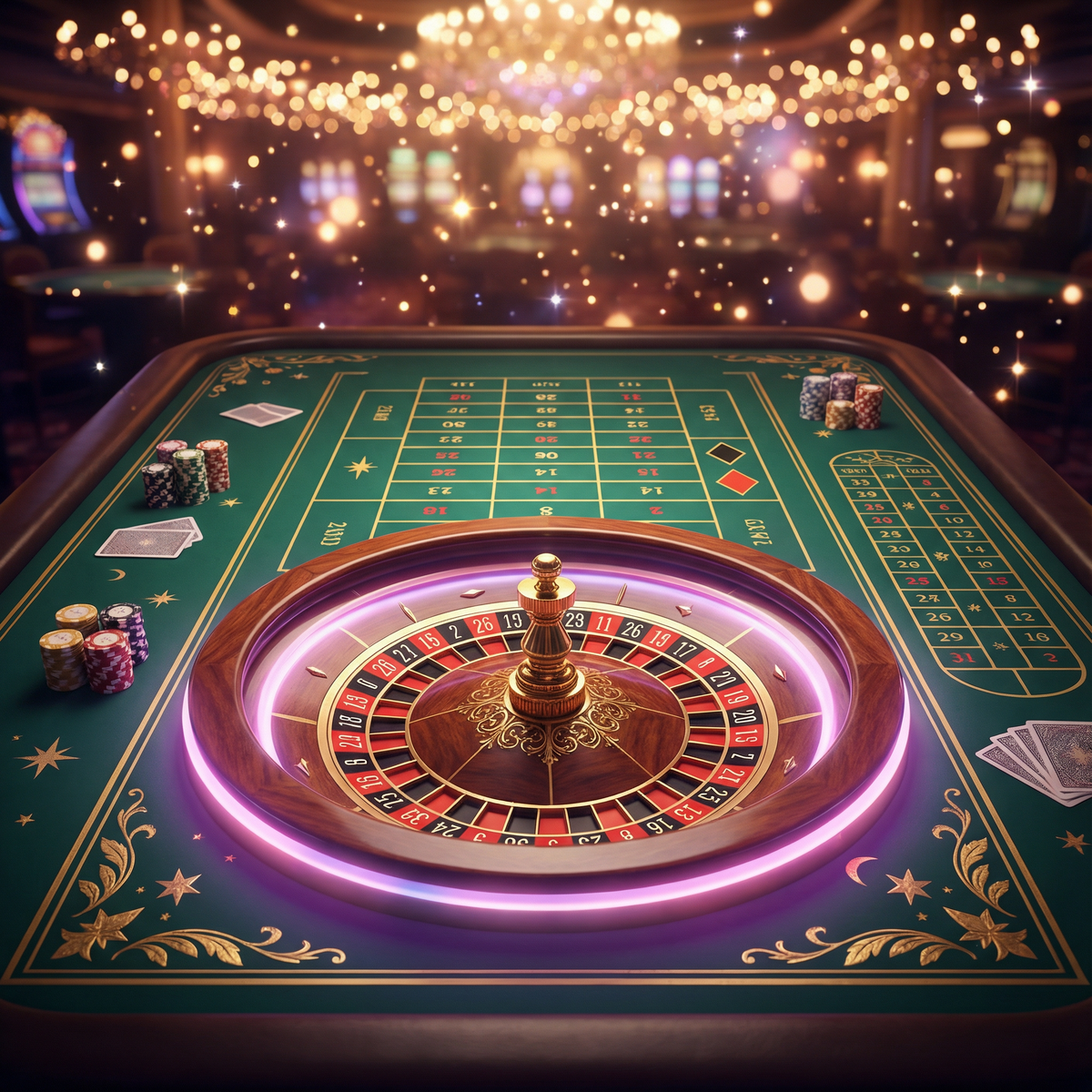 Roleta de cassino com iluminação roxa e rosa e decorações de estrelas douradas